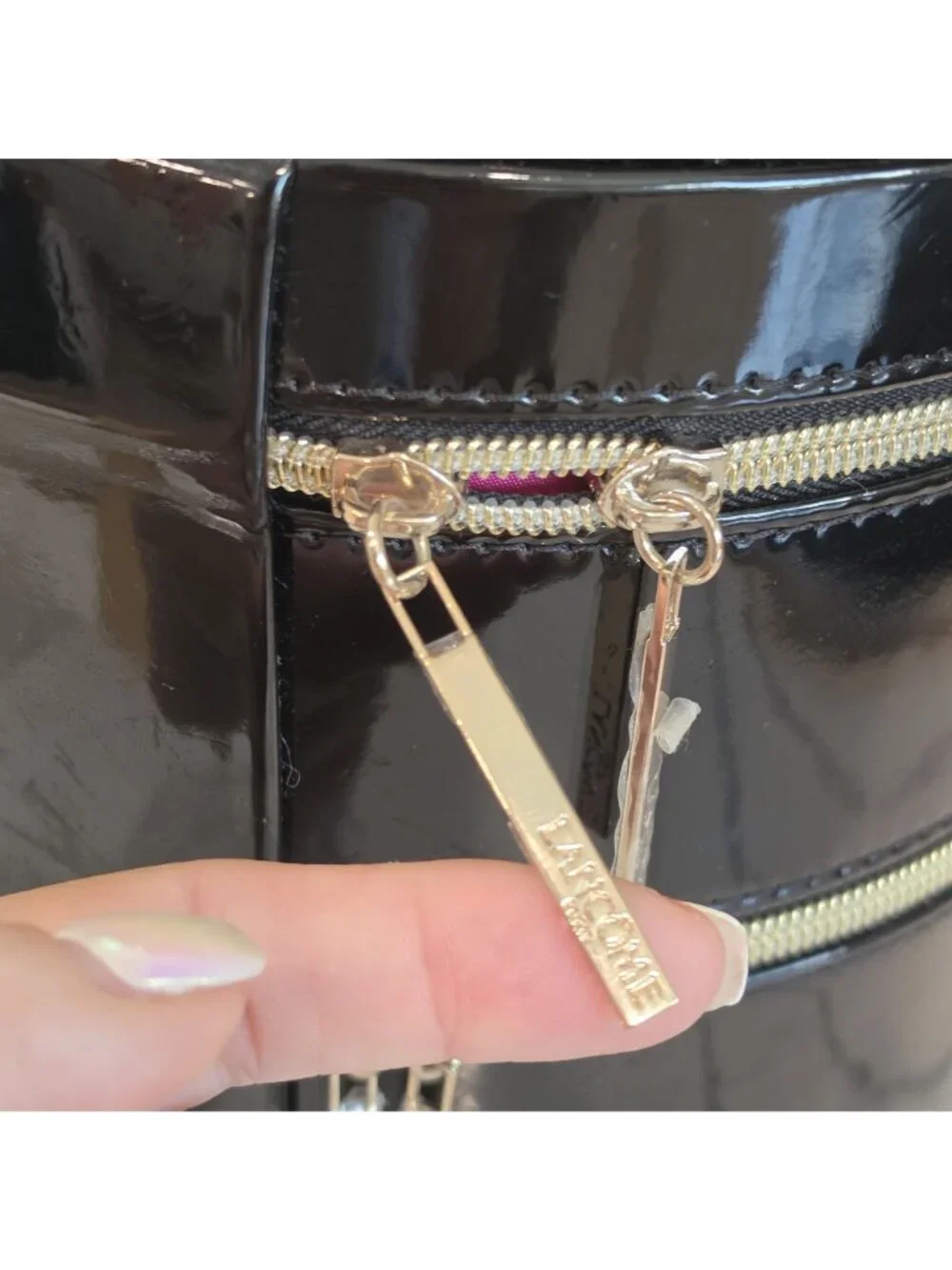 Lancôme Round Black Patent Cosmetic Case With Mirror & Dual Zipper Compartments